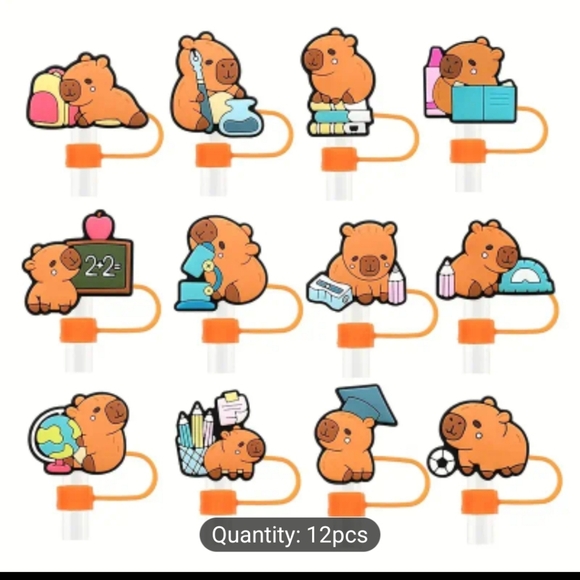 Cute Capybara Straw Cap Toppers Set 12pc - Picture 1 of 6